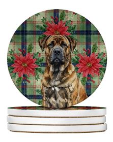 Brindle Boerboel Christmas PoinsettIas Large Sandstone Coasters Pack of 4 Absorbent Round Coasters Decor Gifts for Men or Women, 4 in, Multicolor