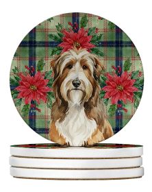 Brown Bearded Collie Christmas PoinsettIas Large Sandstone Coasters Pack of 4 Absorbent Round Coasters Decor Gifts for Men or Women, 4 in, Multic