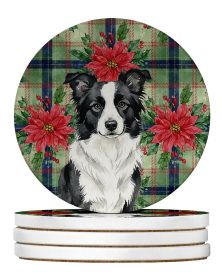 Border Collie Christmas PoinsettIas Large Sandstone Coasters Pack of 4 Absorbent Round Coasters Decor Gifts for Men or Women, 4 in, Multicolor
