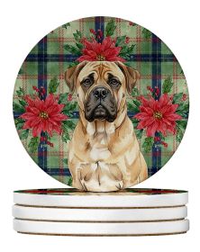 Bullmastiff Christmas PoinsettIas Large Sandstone Coasters Pack of 4 Absorbent Round Coasters Decor Gifts for Men or Women, 4 in, Multicolor