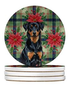 Beauceron Christmas PoinsettIas Large Sandstone Coasters Pack of 4 Absorbent Round Coasters Decor Gifts for Men or Women, 4 in, Multicolor