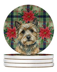 Cairn Terrier Christmas PoinsettIas Large Sandstone Coasters Pack of 4 Absorbent Round Coasters Decor Gifts for Men or Women, 4 in, Multicolor