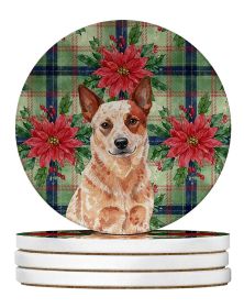 Red Heeler Australian Cattle Dog Christmas PoinsettIas Large Sandstone Coasters Pack of 4 Absorbent Round Coasters Decor Gifts for Men or Women,