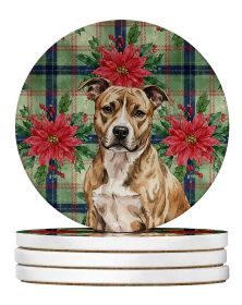 Brindle American Staffordshire Terrier Christmas PoinsettIas Large Sandstone Coasters Pack of 4 Absorbent Round Coasters Decor Gifts for Men or W