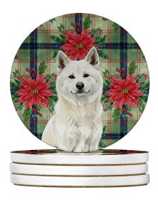 White Akita Christmas PoinsettIas Large Sandstone Coasters Pack of 4 Absorbent Round Coasters Decor Gifts for Men or Women, 4 in, Multicolor