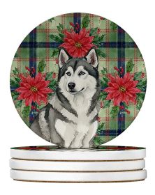 Gray and White Alaskan Malamute Christmas PoinsettIas Large Sandstone Coasters Pack of 4 Absorbent Round Coasters Decor Gifts for Men or Women, 4