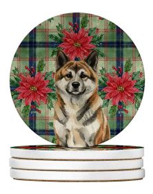 Brindle Akita Christmas PoinsettIas Large Sandstone Coasters Pack of 4 Absorbent Round Coasters Decor Gifts for Men or Women, 4 in, Multicolor