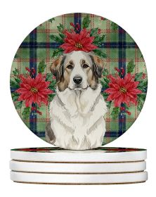 Badger Great Pyrenees Christmas PoinsettIas Large Sandstone Coasters Pack of 4 Absorbent Round Coasters Decor Gifts for Men or Women, 4 in, Multi