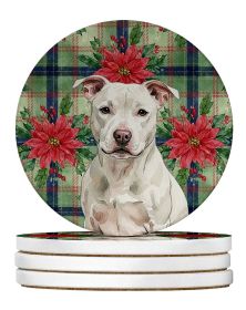 White Staffordshire Bull Terrier Christmas PoinsettIas Large Sandstone Coasters Pack of 4 Absorbent Round Coasters Decor Gifts for Men or Women,