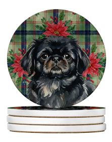 Black Pekingese Christmas PoinsettIas Large Sandstone Coasters Pack of 4 Absorbent Round Coasters Decor Gifts for Men or Women, 4 in, Multicolor