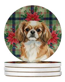 Tibetan Spaniel Christmas PoinsettIas Large Sandstone Coasters Pack of 4 Absorbent Round Coasters Decor Gifts for Men or Women, 4 in, Multicolor