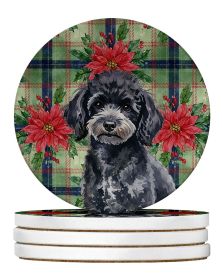 Toy Black Poodle Christmas PoinsettIas Large Sandstone Coasters Pack of 4 Absorbent Round Coasters Decor Gifts for Men or Women, 4 in, Multicolor