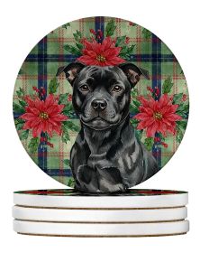 Black Staffordshire Bull Terrier Christmas PoinsettIas Large Sandstone Coasters Pack of 4 Absorbent Round Coasters Decor Gifts for Men or Women,
