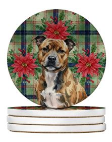 Brindle Staffordshire Bull Terrier Christmas PoinsettIas Large Sandstone Coasters Pack of 4 Absorbent Round Coasters Decor Gifts for Men or Women