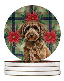 Spanish Water Dog Christmas PoinsettIas Large Sandstone Coasters Pack of 4 Absorbent Round Coasters Decor Gifts for Men or Women, 4 in, Multicolo