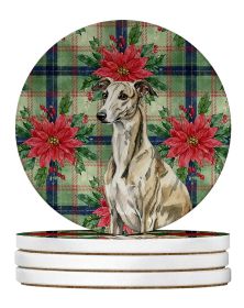 Brindle Whippet Christmas PoinsettIas Large Sandstone Coasters Pack of 4 Absorbent Round Coasters Decor Gifts for Men or Women, 4 in, Multicolor