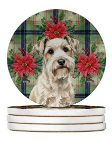 Sealyham Terrier Christmas PoinsettIas Large Sandstone Coasters Pack of 4 Absorbent Round Coasters Decor Gifts for Men or Women, 4 in, Multicolor