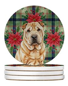 Red Shar Pei Christmas PoinsettIas Large Sandstone Coasters Pack of 4 Absorbent Round Coasters Decor Gifts for Men or Women, 4 in, Multicolor