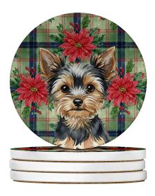 Black and Tan Yorkshire Terrier Christmas PoinsettIas Large Sandstone Coasters Pack of 4 Absorbent Round Coasters Decor Gifts for Men or Women, 4