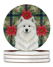 White Samoyed Christmas PoinsettIas Large Sandstone Coasters Pack of 4 Absorbent Round Coasters Decor Gifts for Men or Women, 4 in, Multicolor