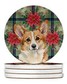 Corgi Christmas PoinsettIas Large Sandstone Coasters Pack of 4 Absorbent Round Coasters Decor Gifts for Men or Women, 4 in, Multicolor