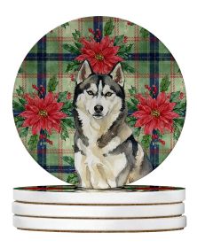 Agouti Siberian Husky Christmas PoinsettIas Large Sandstone Coasters Pack of 4 Absorbent Round Coasters Decor Gifts for Men or Women, 4 in, Multi
