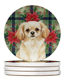 Cream Tibetan Spaniel Christmas PoinsettIas Large Sandstone Coasters Pack of 4 Absorbent Round Coasters Decor Gifts for Men or Women, 4 in, Multi